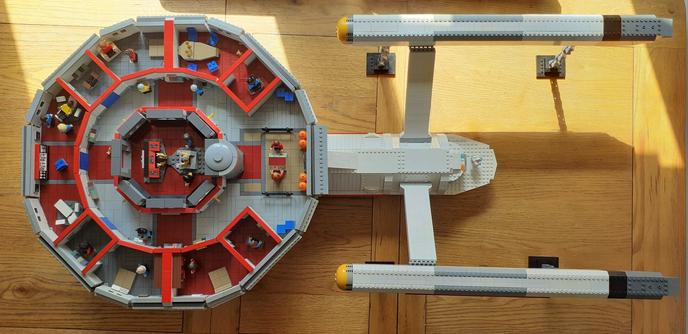An overhead shot of my LEGO MOC build of the USS Enterprise NCC-1701, which measures in at exactly 4 foot from bow to stern.
