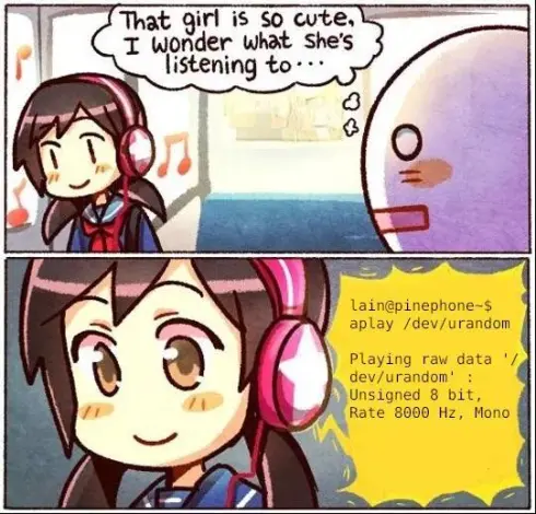 Two panel comic. The first panel has a person looking at a girl in headphones. They say "That girl is so cute. I wonder what she's listening to...". The second panel reveals that she's listening to the sound output of `aplay /dev/urandom`, so she's essentially listening to a garbage data in an audio form.