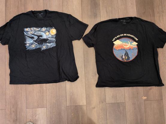 Two large unisex black tee shirts. The left one is the Enterprise star ship in the style of Van Gough's starry night. The right one has a round graphic, rainbow with Rick and Morty walking down a road and says Let's Go On An Adventure