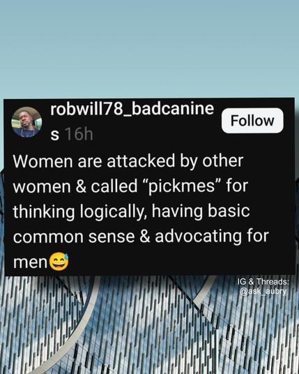 robwill78_badcanine

s 16h

Follow

Women are attacked by other women & called "pickmes" for thinking logically, having basic common sense & advocating for men