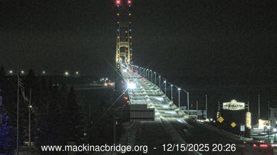 Northeastern view of the Mackinac Bridge traversing the Straits of Mackinac. // Image captured at: 2025-12-16 01:26:57 UTC (about 10 min. prior to this post) // Current Temp in Mackinaw City: 22.14 F | -5.48 C // Precip: overcast clouds // Wind: W at 10.357 mph | 16.66 kph // Humidity: 91%
