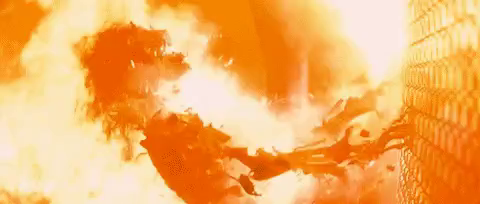 Sarah Connor being blasted by an explosion through a fence in "Terminator 2"