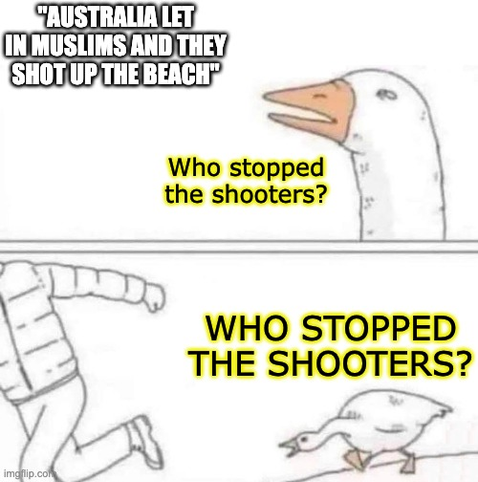 Duck chasing meme:
Man: "Australia let in Muslims, and they shot up the beach!"
Duck: "Who stopped the shooters?
Duck, chasing man: "WHO STOPPED THE SHOOTERS?"
