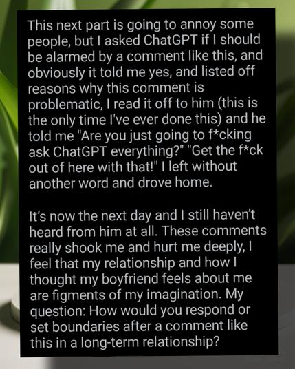 This next part is going to annoy some people, but I asked ChatGPT if I should be alarmed by a comment like this, and obviously it told me yes, and listed off reasons why this comment is problematic, I read it off to him (this is the only time I've ever done this) and he told me "Are you just going to f*cking ask ChatGPT everything?" "Get the f*ck out of here with that!" I left without another word and drove home.

It's now the next day and I still haven't heard from him at all. These comments really shook me and hurt me deeply, I feel that my relationship and how I thought my boyfriend feels about me are figments of my imagination. My question: How would you respond or set boundaries after a comment like this in a long-term relationship?