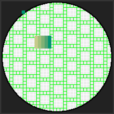 round pixel art in progress has a grid of many sizes of squares and a gradient of swatches