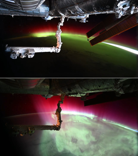 Two stills from a video of the aurora last night taken from the International Space Station by astronaut Anil Menon.

The images have been rotated by me to show earth at the bottom and the aurora at the top.

First image is from a farther distance from the northern limb of Earth.
Second one is from closer.