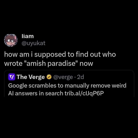 A social media post from liam, containing a quote-tweet.  It reads:

how am i supposed to find out who
wrote "amish paradise" now

The quoted post is from The Verge: 

Google scrambles to manually remove weird
Al answers in search trib.al/clJgP6P
