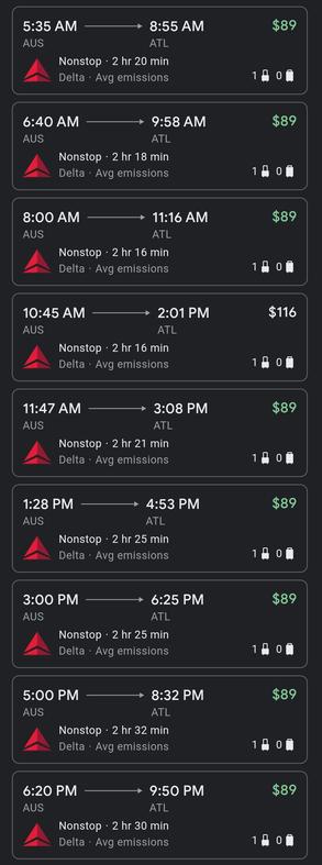 A screenshot of Google Flights showing 9 Delta flights on a day from Austin to Atlanta, sorted by departure time