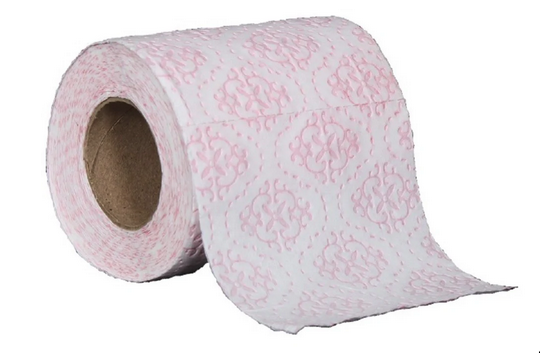 roll of toilet paper with a pink pattern on it