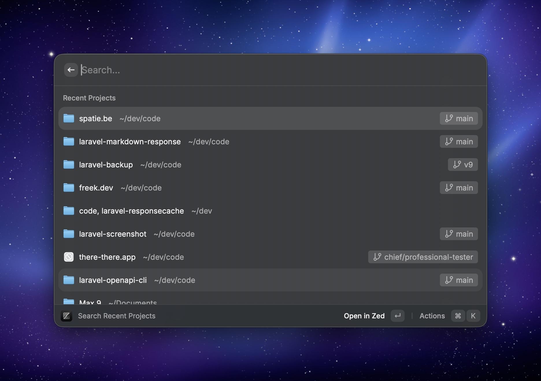 A Raycast extension shows a list of recent Zed projects with file paths and branch details against a space-themed background.