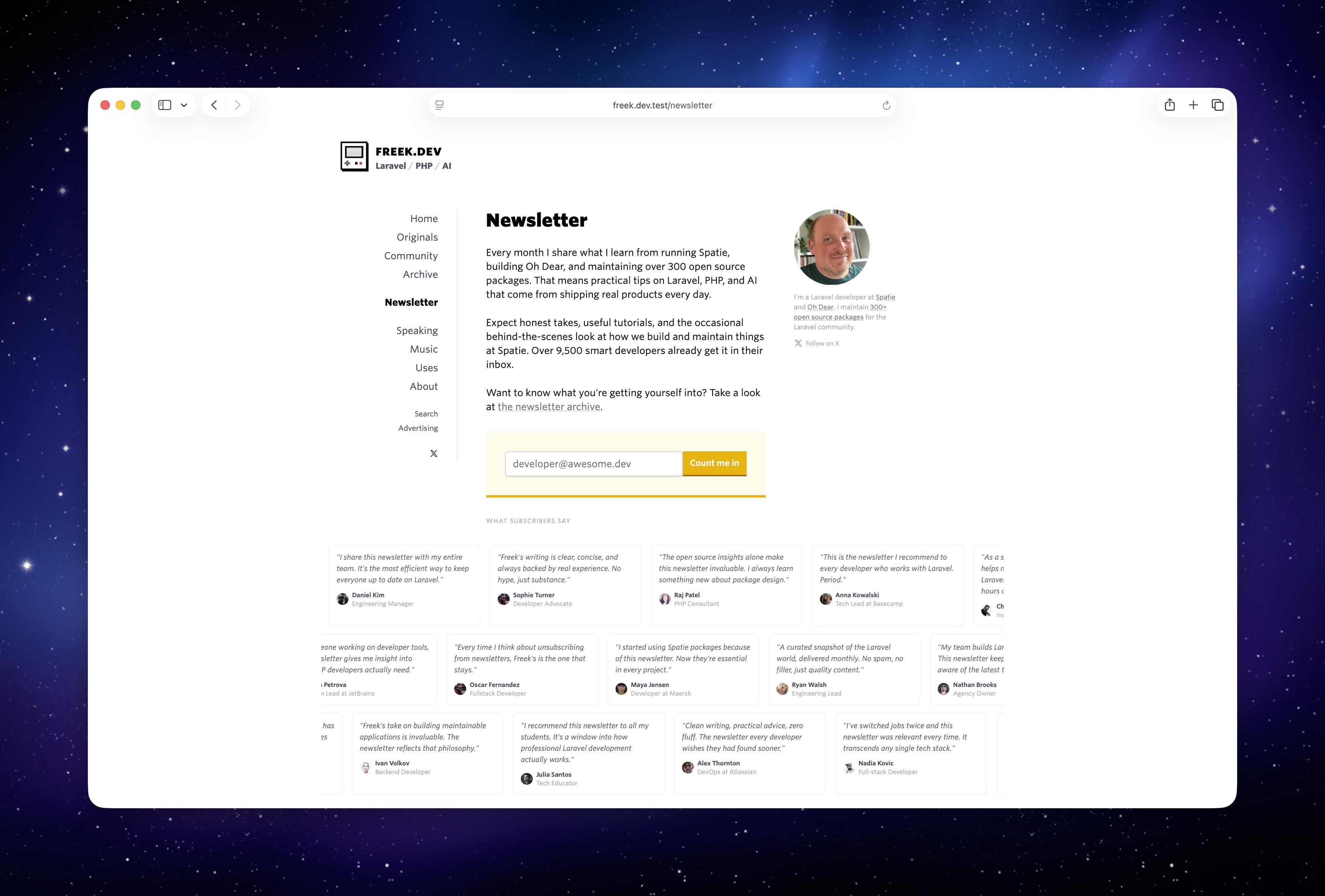 A newsletter page highlights subscriber testimonials and features insights about Laravel, PHP, and AI, promoting community engagement.