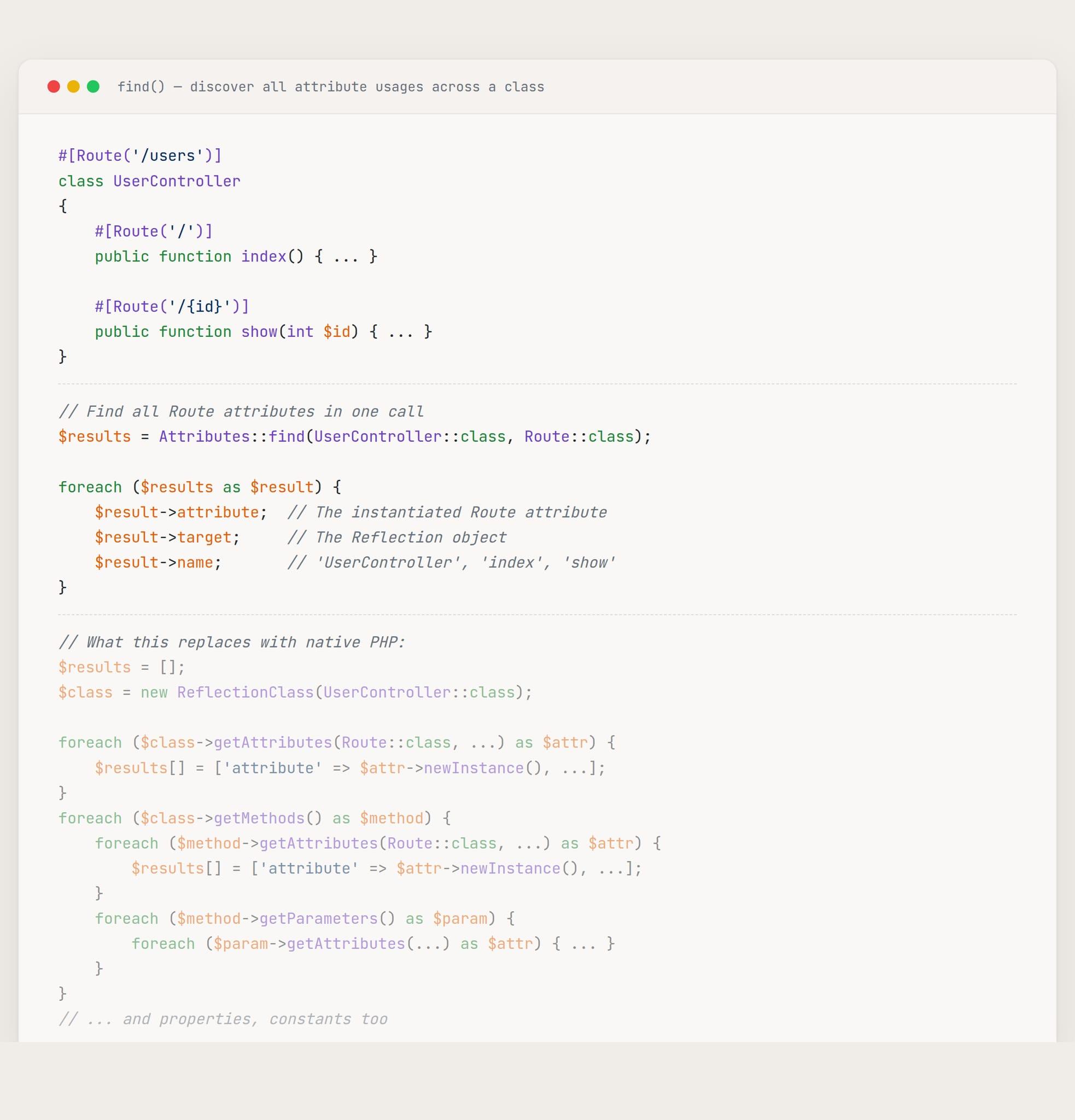Code snippet demonstrates using find() to discover attribute usages across a class in a programming context, focusing on routes and reflections.