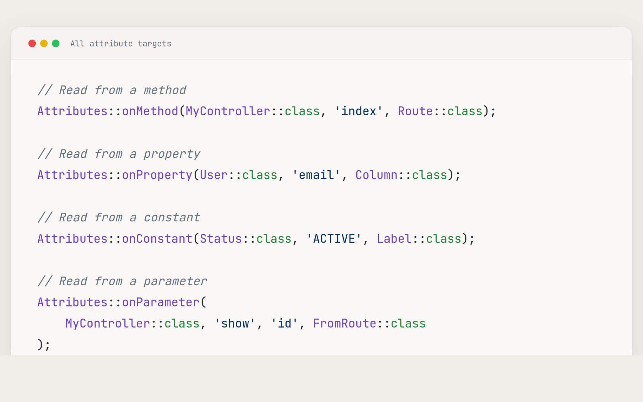 Code snippets demonstrate reading attributes from methods, properties, constants, and parameters in programming contexts.
