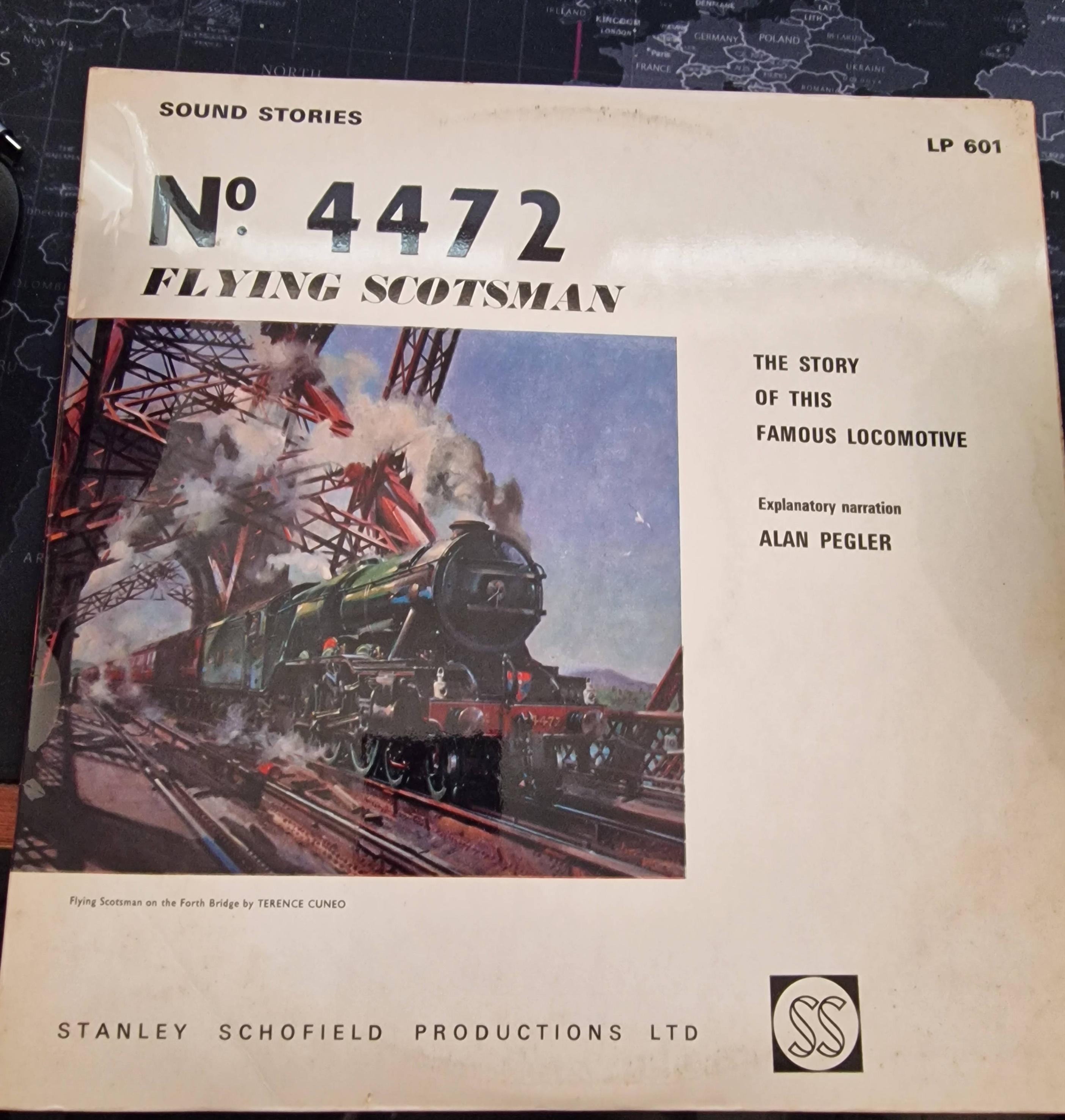 Front cover of a 12" vinyl recording of the Flying Scotsman steam train.