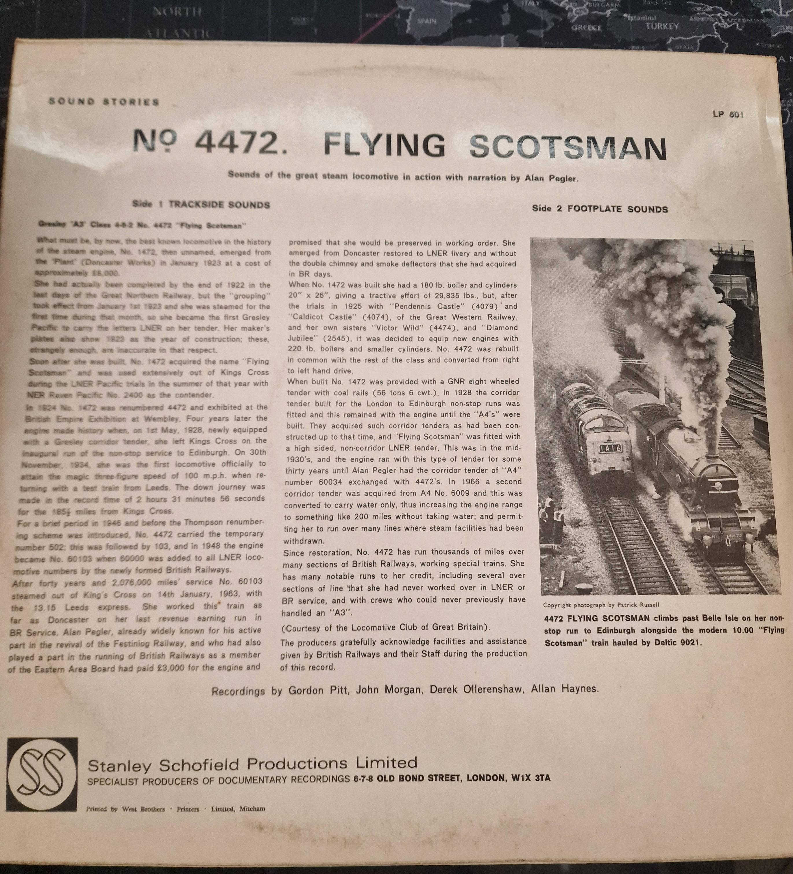 Rear cover of a 12" vinyl recording of the Flying Scotsman steam train.
