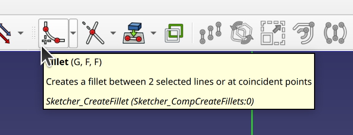 screen shot of the Fillet tool in FreeCAD Sketch Workbench. command sequence is G, F, F; the help text is "Creates a fillet between 2 selected lines or at coincident points"