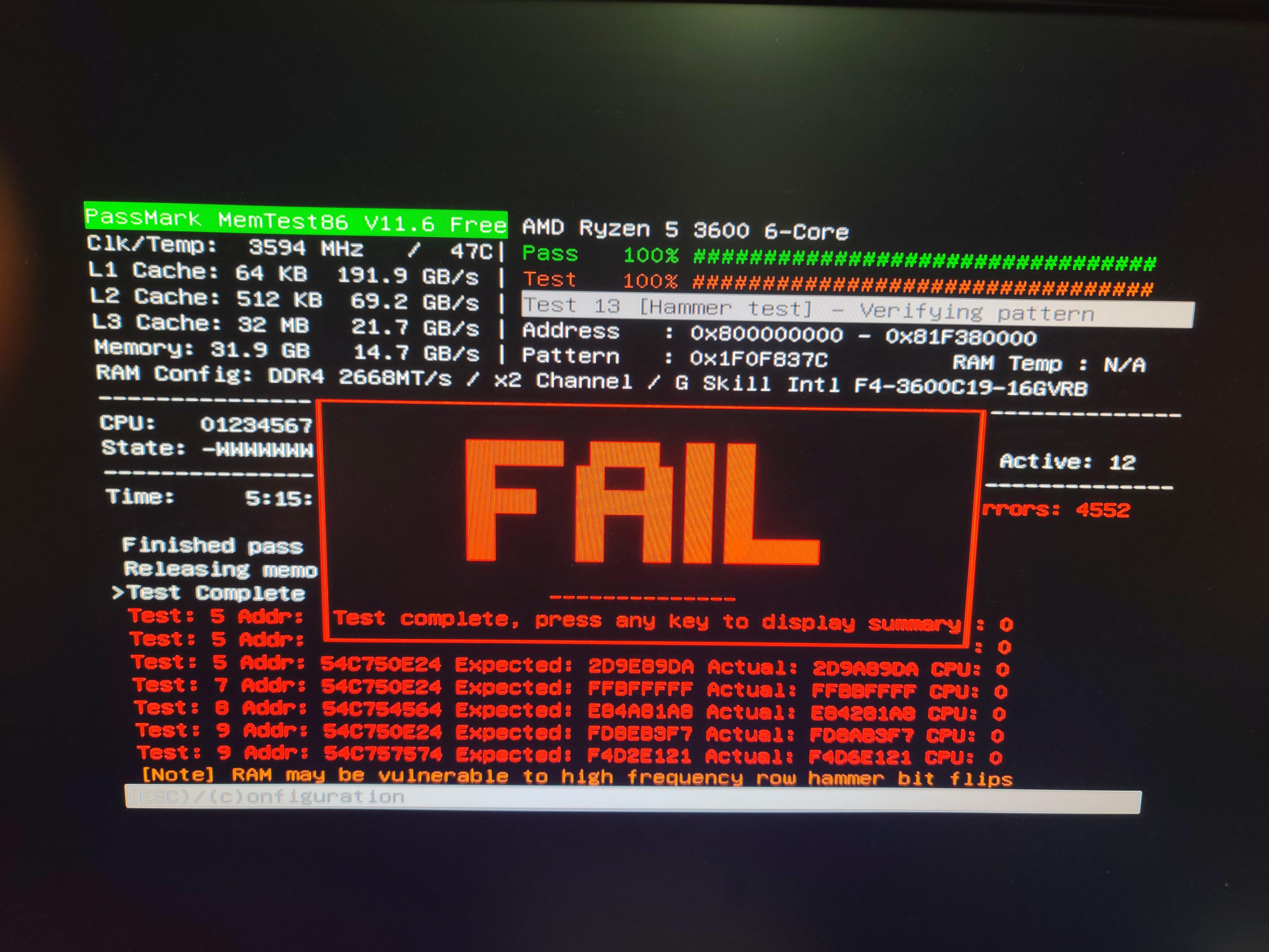 MemTest results with a giant word Fail across the screen.