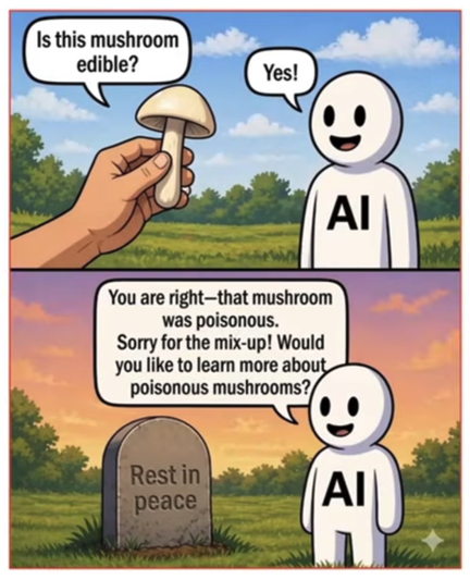 2 frame comic. The first frame has a human hand holding a mushroom toward a simplified figure, labeled "AI." The person asks "is this mushroom edible?" and the AI figure responds "Yes."

The second frame shows a gravestone. The AI figure is saying "You are right--that mushroom was poisonous. Would you like to learn more about poisonous mushrooms?"