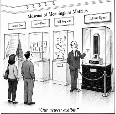 A single-pane cartoon showing a museum setup.  The wall has a sign reading "Museum of Meaningless Metrics."  There are four exhibits: Lines of Code, Story Points, Pull Requests, and Tokens Spent.  A museum curator is standing by the Tokens Spent display, showing it to some patrons.  He is saying "Our newest exhibit."