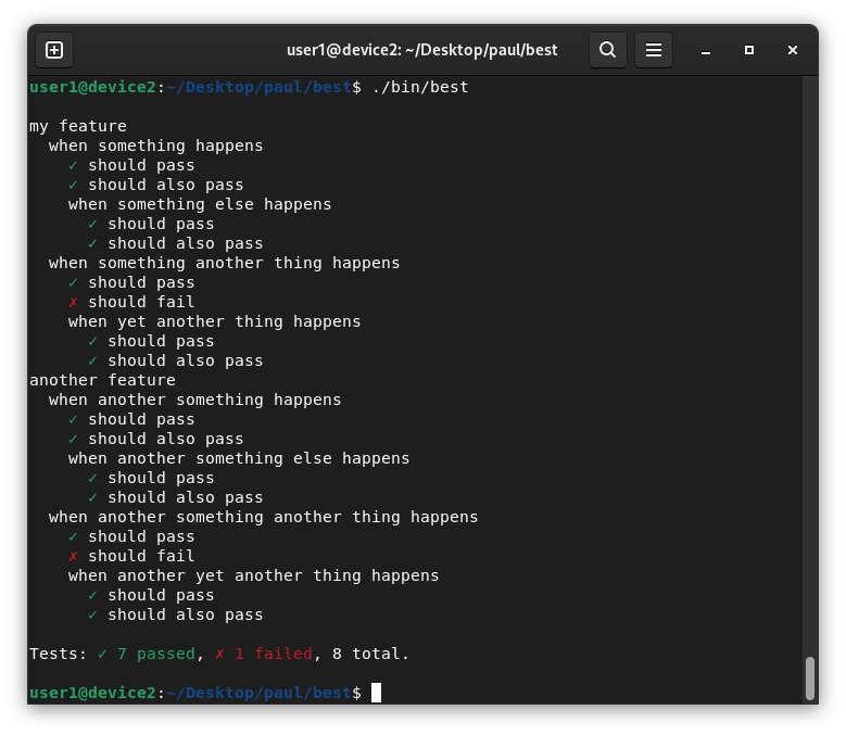 Screenshot of a Debian terminal emulator running "/bin/best" which outputs test output similar to the output produced by other popular test runners like Jest and Pest. Passing tests are indicated with green check marks and failing tests are indicated with red X marks.