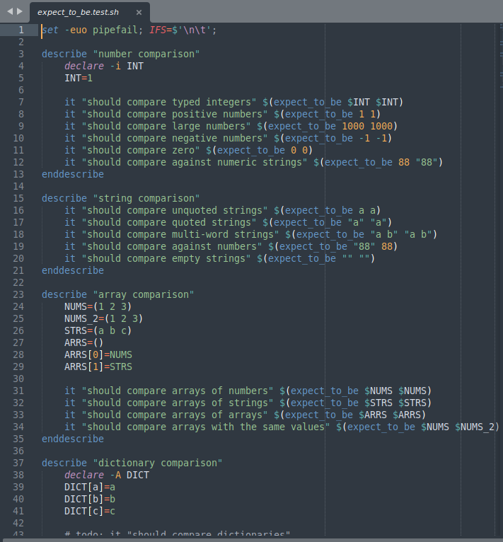 Screenshot of the test suite mentioned in the post showing a number of test cases for the `expect_to_be` function, covering number, string, array, and dictionary comparison.