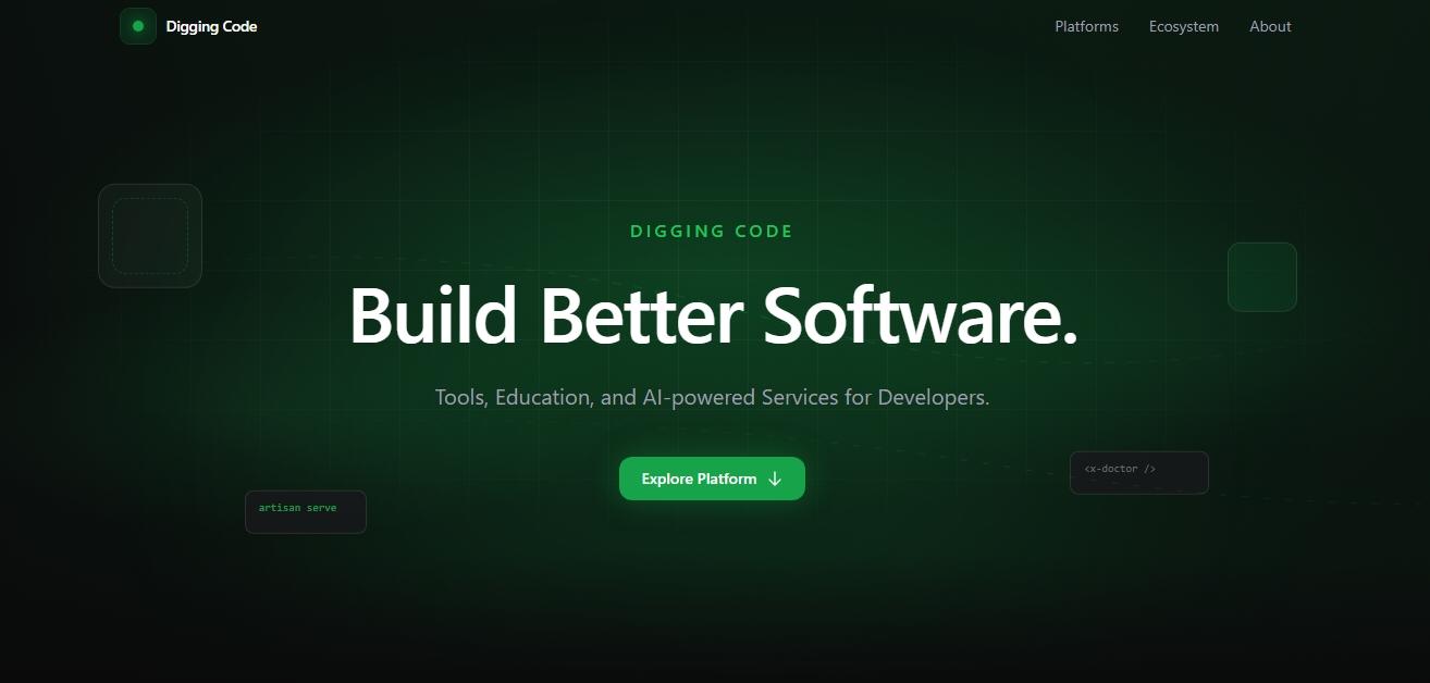 Digging Code platform home page featuring developer resources, tools, and services