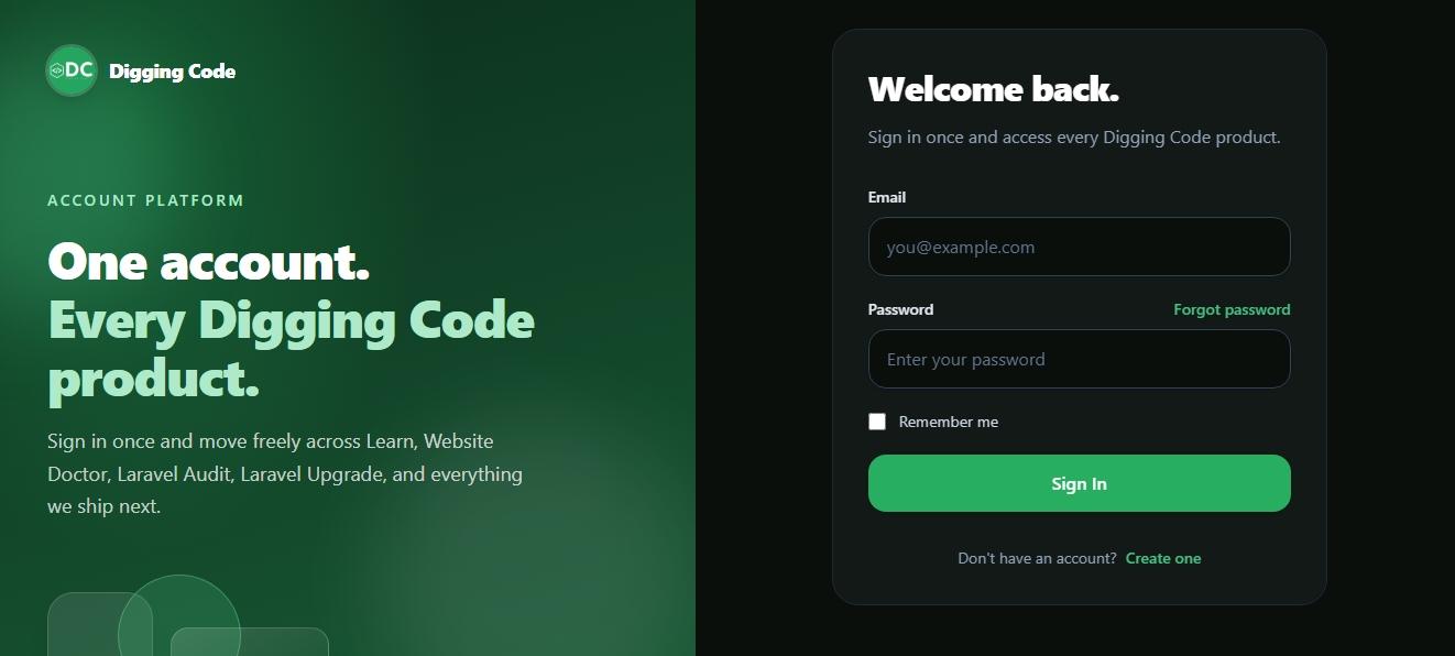 Digging Code Accounts login page for accessing all platform products and services
