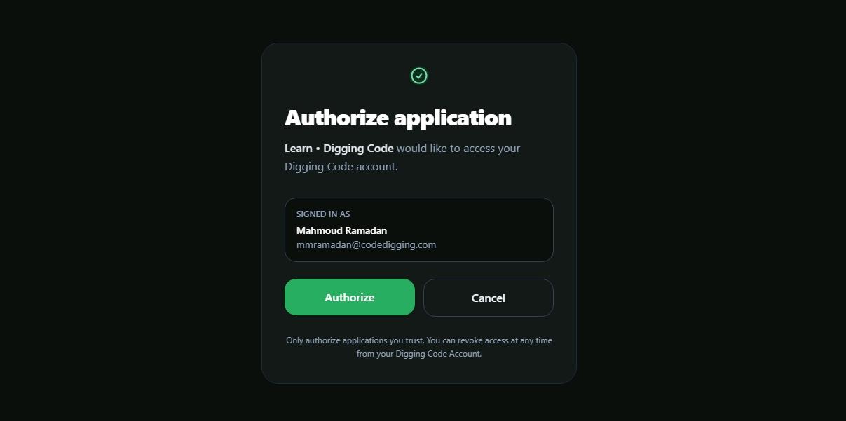 Digging Code authorization page requesting permission to sign in to a connected application