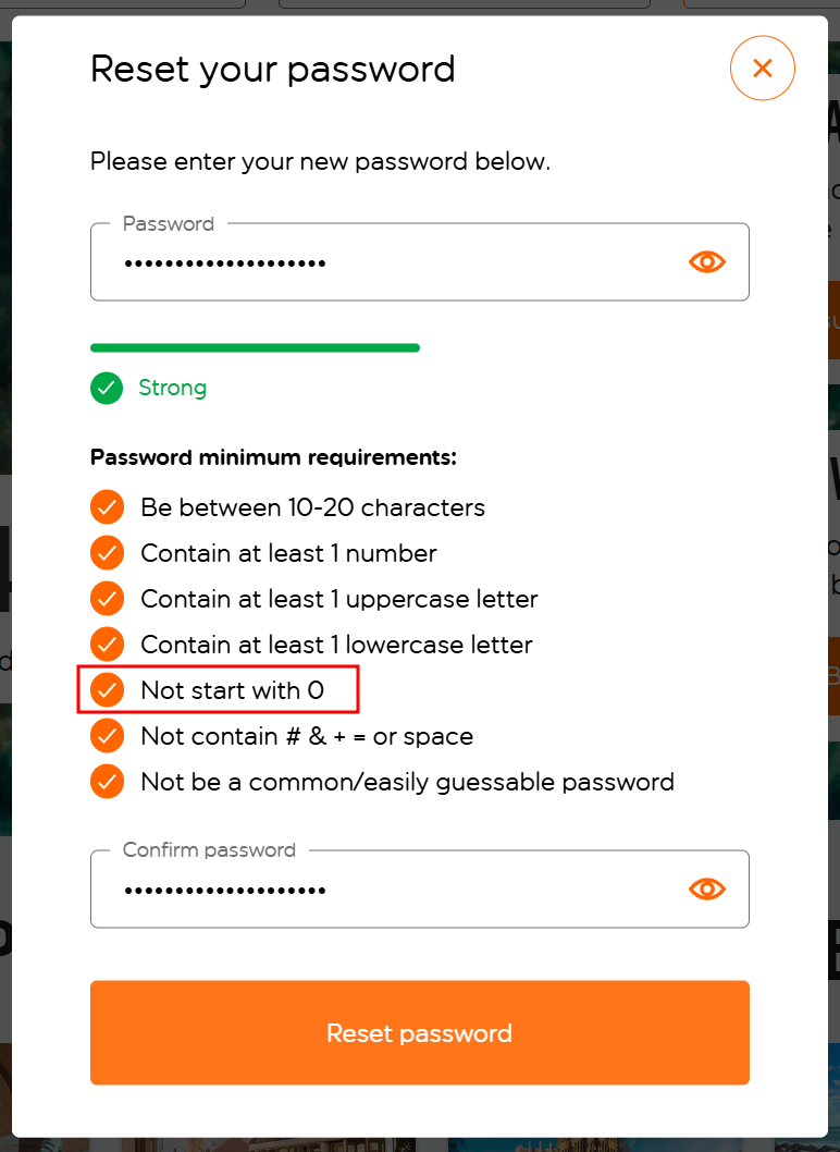 List of password requirements with 'Not start with 0' highlighted