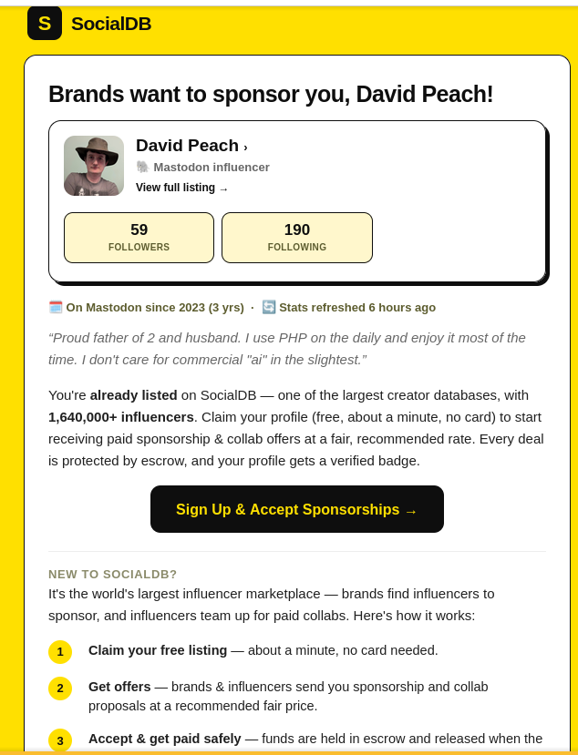 Screenshot of an email advertising something called "socialDB"