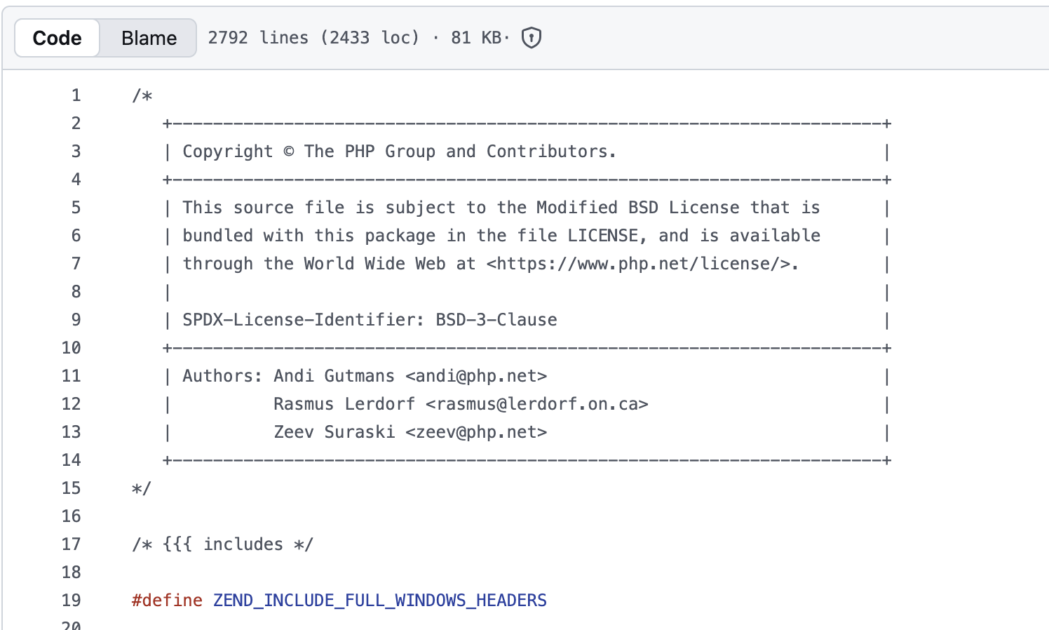 screenshot of the php source code from github