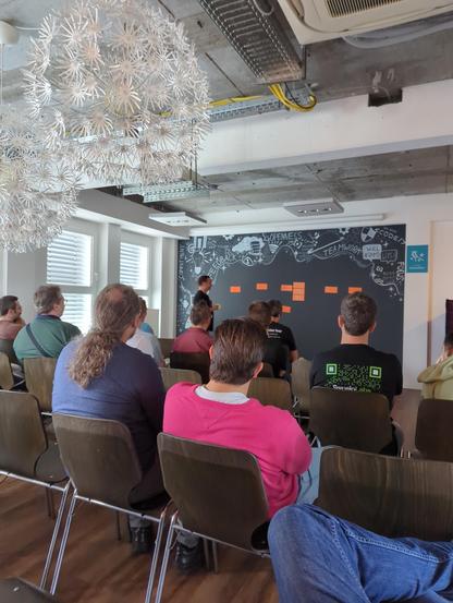 Ein Innenraum zeigt eine Gruppe von Personen, die in Stühlen sitzen und auf eine dunkle Wand blicken, die mit weißen Zeichnungen und Text versehen ist. Von der Decke, an der industrielle Rohre und Kabel sichtbar sind, häng hängt eine große, weiße, kugelförmige Leuchte. Die dunkle Wand enthält die Wörter „OPENNESS“, „TEAMWORK“, „CODE/S“, „FOCUS“ und „COPYRIGHT“ sowie mehrere orangefarbene Haftnotizen. Die im Vordergrund sitzenden Personen sind von hinten zu sehen, darunter eine Person in einem p…